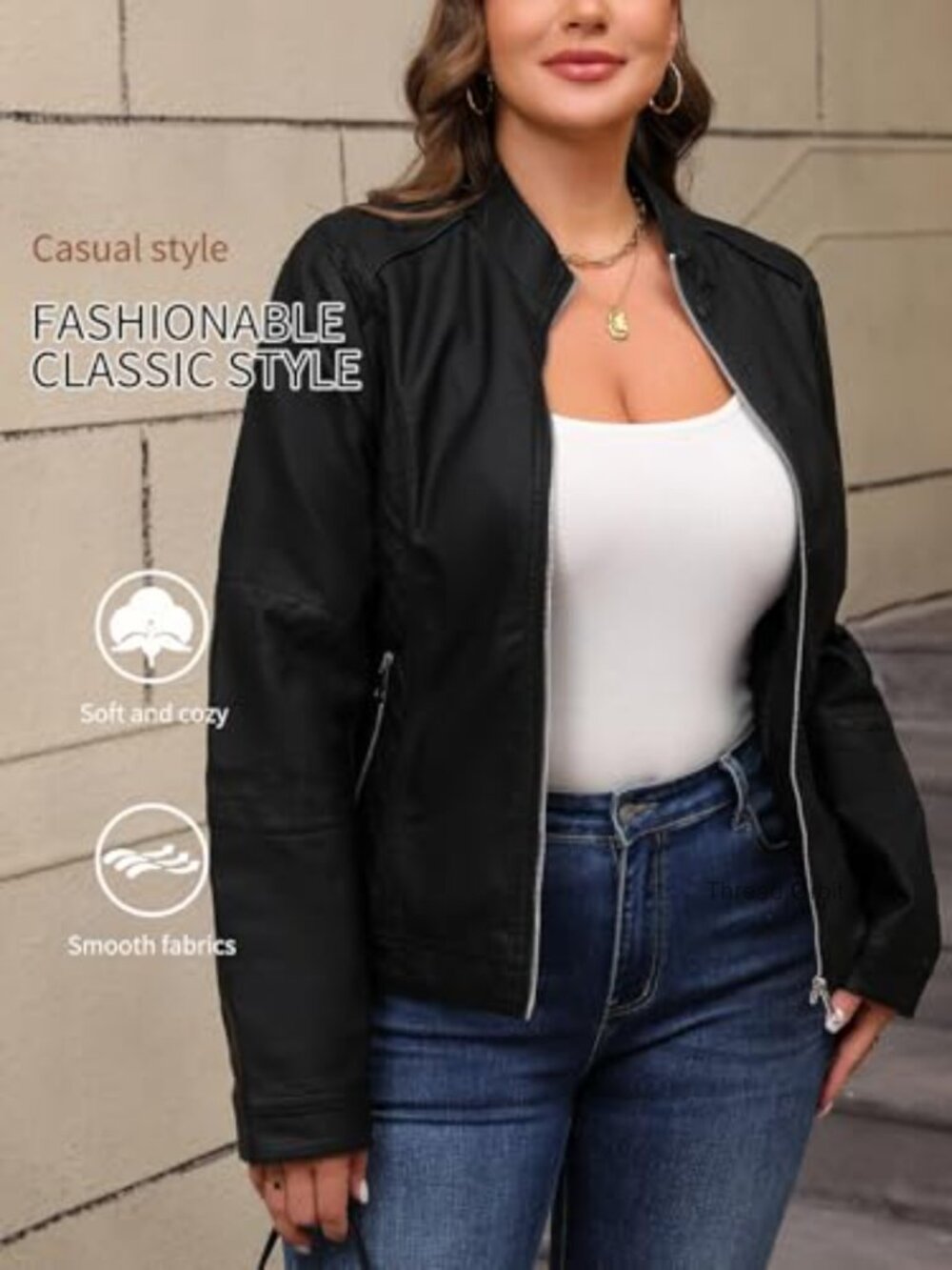 Faux Leather Moto Jacket with Stand Collar Zipper Pockets - Picture 4 of 7